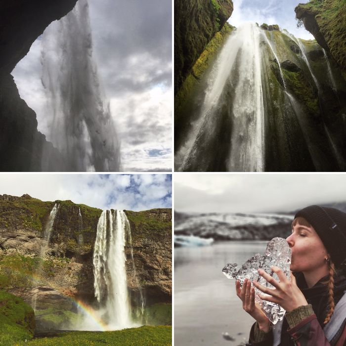 Drei Wasserfälle, ein Regenbogen und Nina, die einen Eisblock küsst