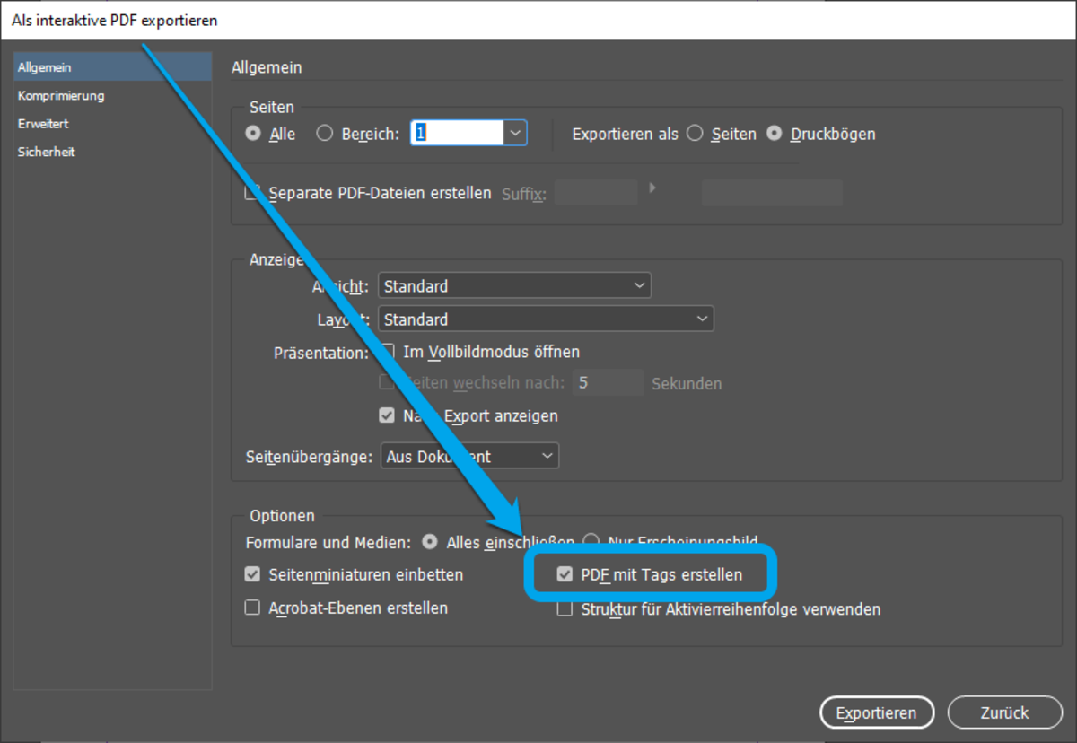 Screenshot des Adobe-Indesign-Dialogs „Als interaktive PDF exportieren“. Die Option „PDF mit Tags erstellen“ ist aktiviert und durch eine blaue Umrandung hervorgehoben.
