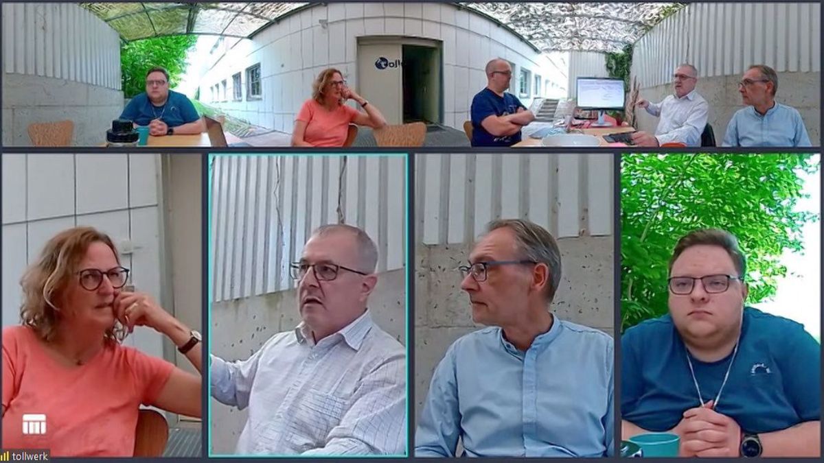 Kamerabild während eines (hybriden) Workshops vor dem Tollwerk-Büro: Oben ein 360°-Panorama-Bild, darunter nebeneinander Portraits von Sonja Segerer, Bernd Hümmer, Thomas Mönius und Niklas Held