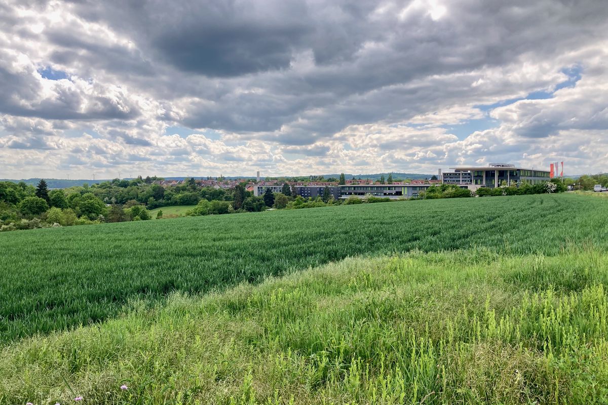 Im Vordergrund satte, grüne Wiesen, am Horizont ein großes, modernes Gebäude