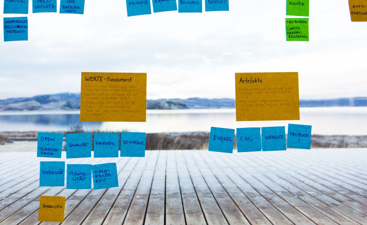 Notizen auf Post-It-Zetteln zu den Themen &quot;Werte-Fundament&quot; und &quot;Artefakte&quot; an einem Fenster, dahinter der Blick über den See Þingvallavatn in Island