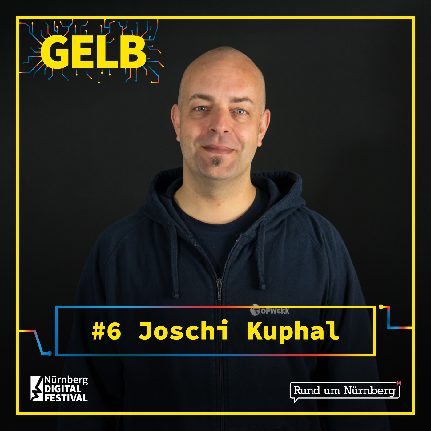 Coverbild des GELB-Podcasts mit einem Portrait von Joschi Kuphal vor dunklem Hintergrund. Joschi trägt einen dunkelblauen Hoodie und schaut in die Kamera. Am unteren Rand die Episodennummer #6, das Logo des Nürnberg Digital Festivals und das Rund-um-Nürnberg-Logo.