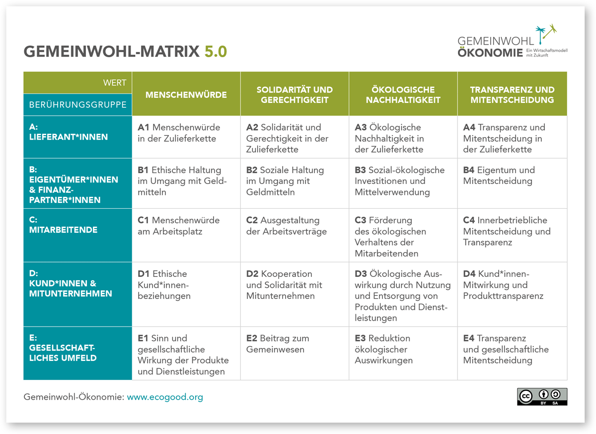 GWÖ-Matrix 5.0 mit ihren 20 Feldern, kombiniert aus den 4 Grundwerten und 5 Berührungsgruppen der GWÖ