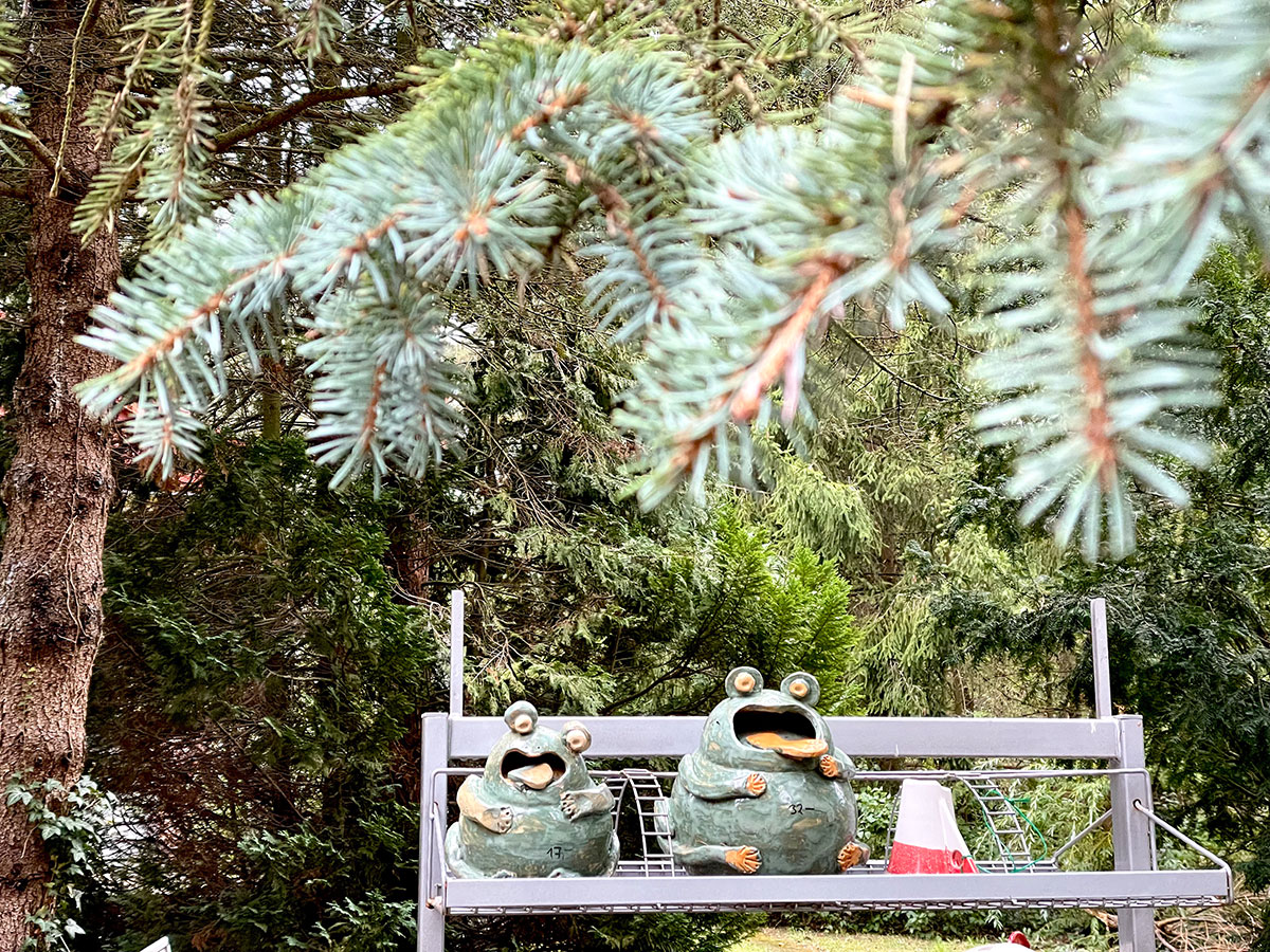 Zwei getöpferte Froschfiguren sitzen auf einer Bank unter Nadelbäumen. Sie strecken beide ihre Zunge raus.