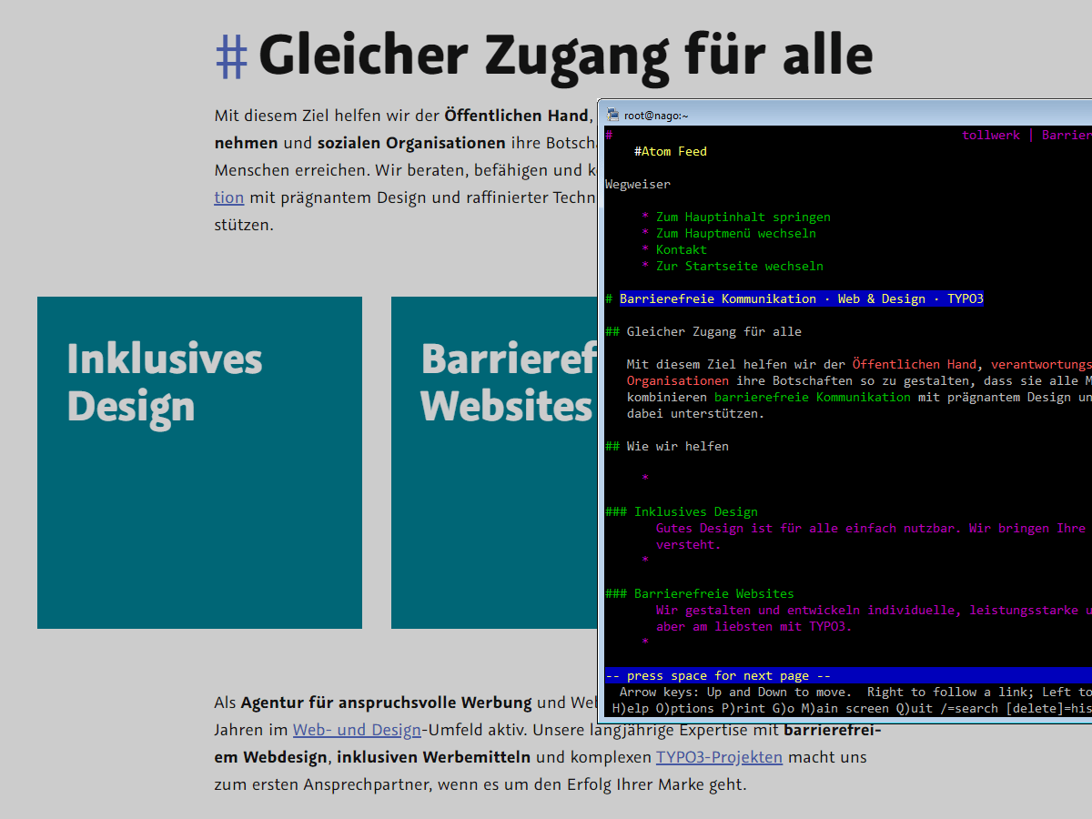 Screenshot einer Ansicht der Tollwerk-Startseite im Lynx-Textbrowser, im Hintergrund leicht ausgegraut die korrespondierende Ansicht im grafischen Browser