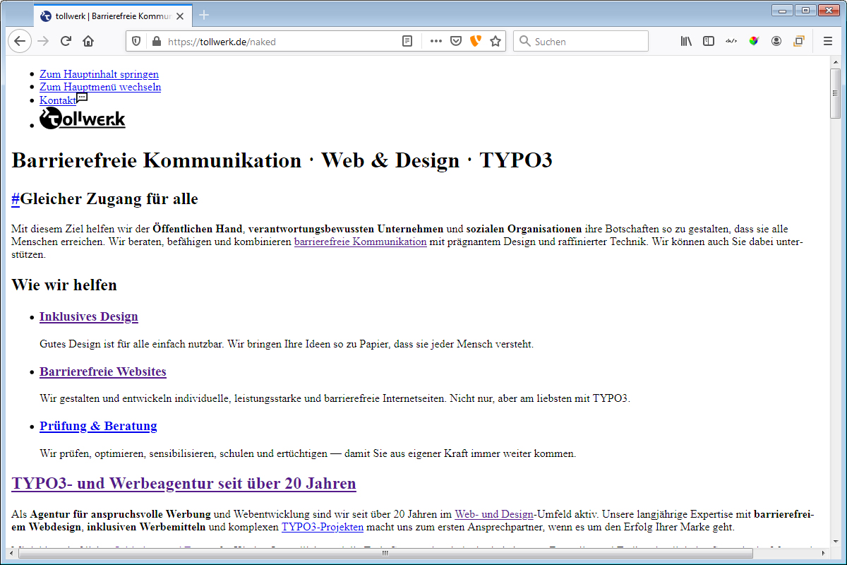 Screenshot der Tollwerk-Startseite ohne CSS und JavaScript