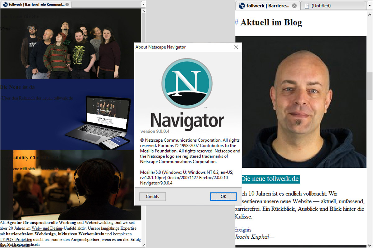 Tollwerk-Startseite und Blog-Teaser im Netscape Navigator 9 von 2007