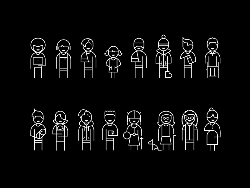 Animierte, abstrakt illustrierte Personas mit und ohne Behinderungen